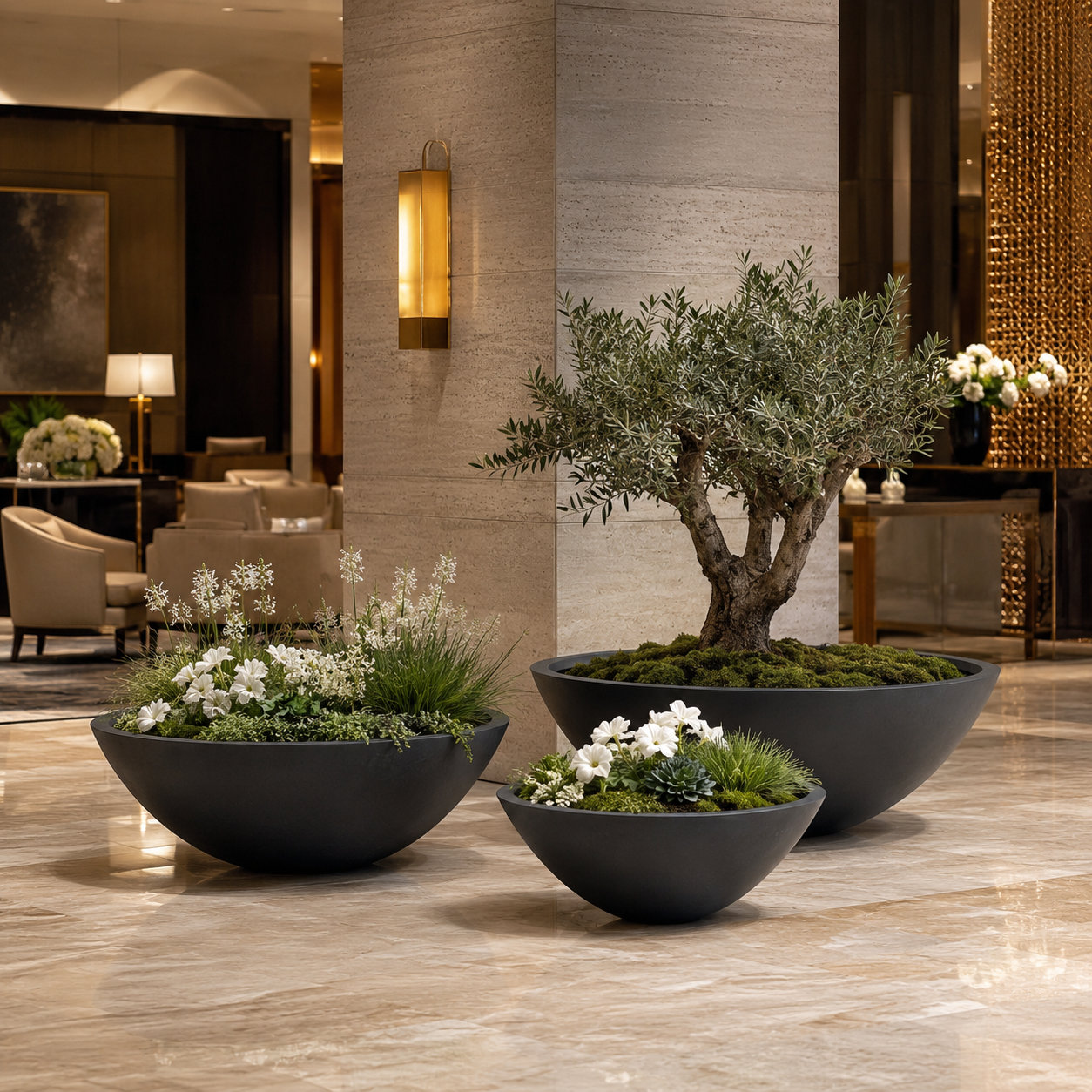 Black large bowl fiber clay planter pots for hotel entrance