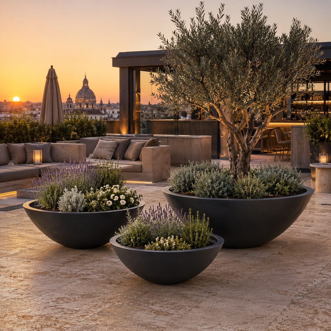 Large black fibre clay planters for rooftop landscape