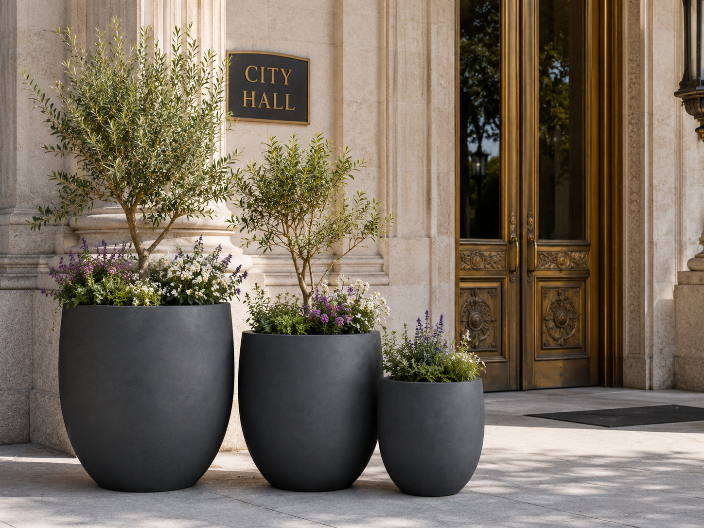 Smooth black round egg fiber clay planter pots for city hall entrance