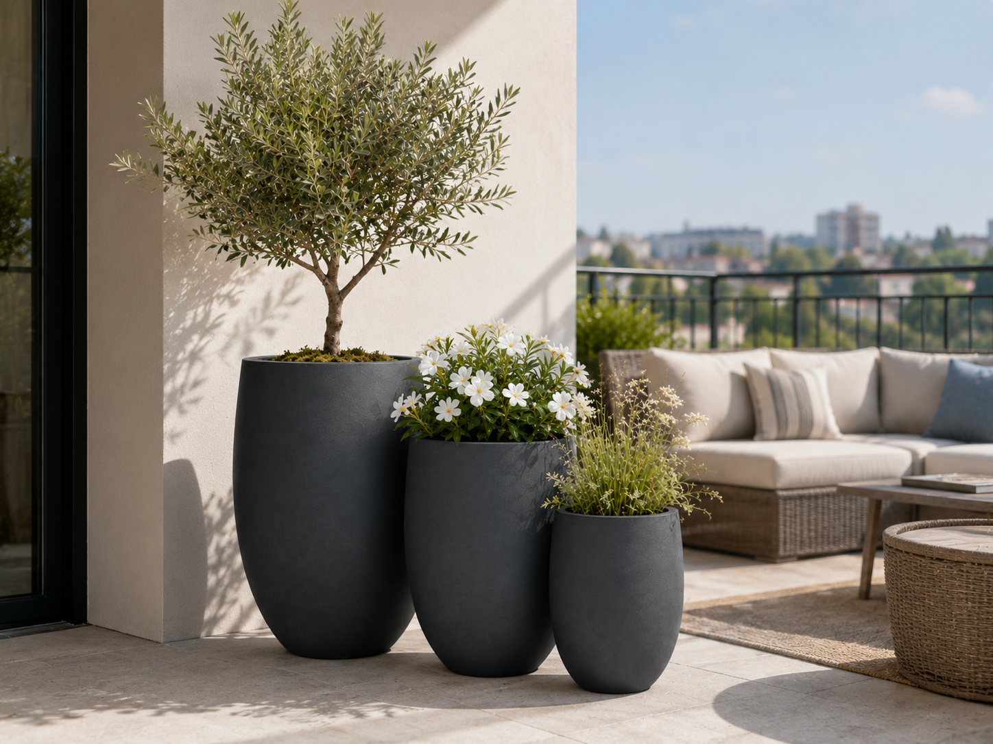Smooth black round planter set for balcony landscape