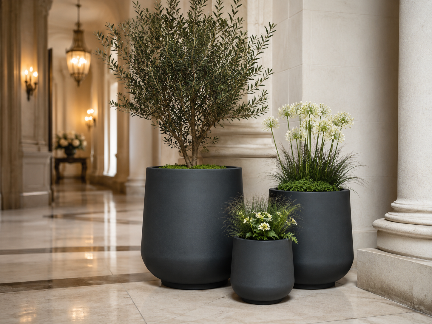 Matte black round fibre clay planter pots for balcony garden