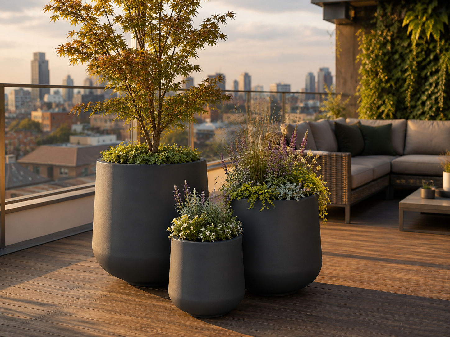 Single matte black round fibre clay planter for outdoor patio