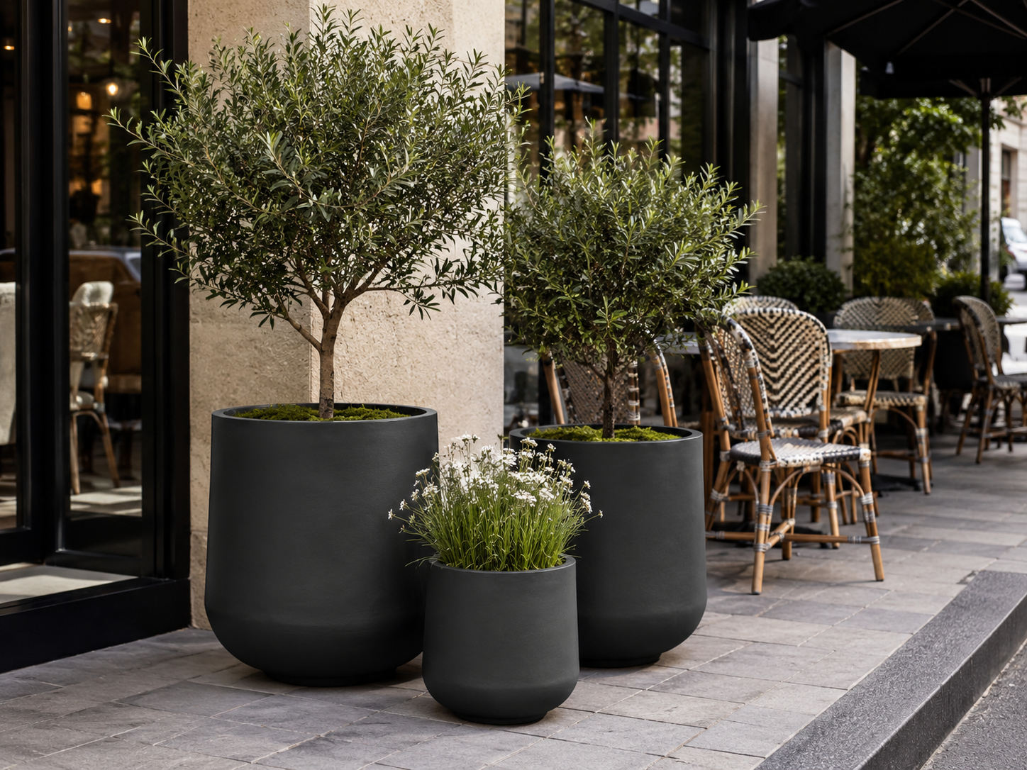 Matte black round fibre clay planter pots for cafe entrance