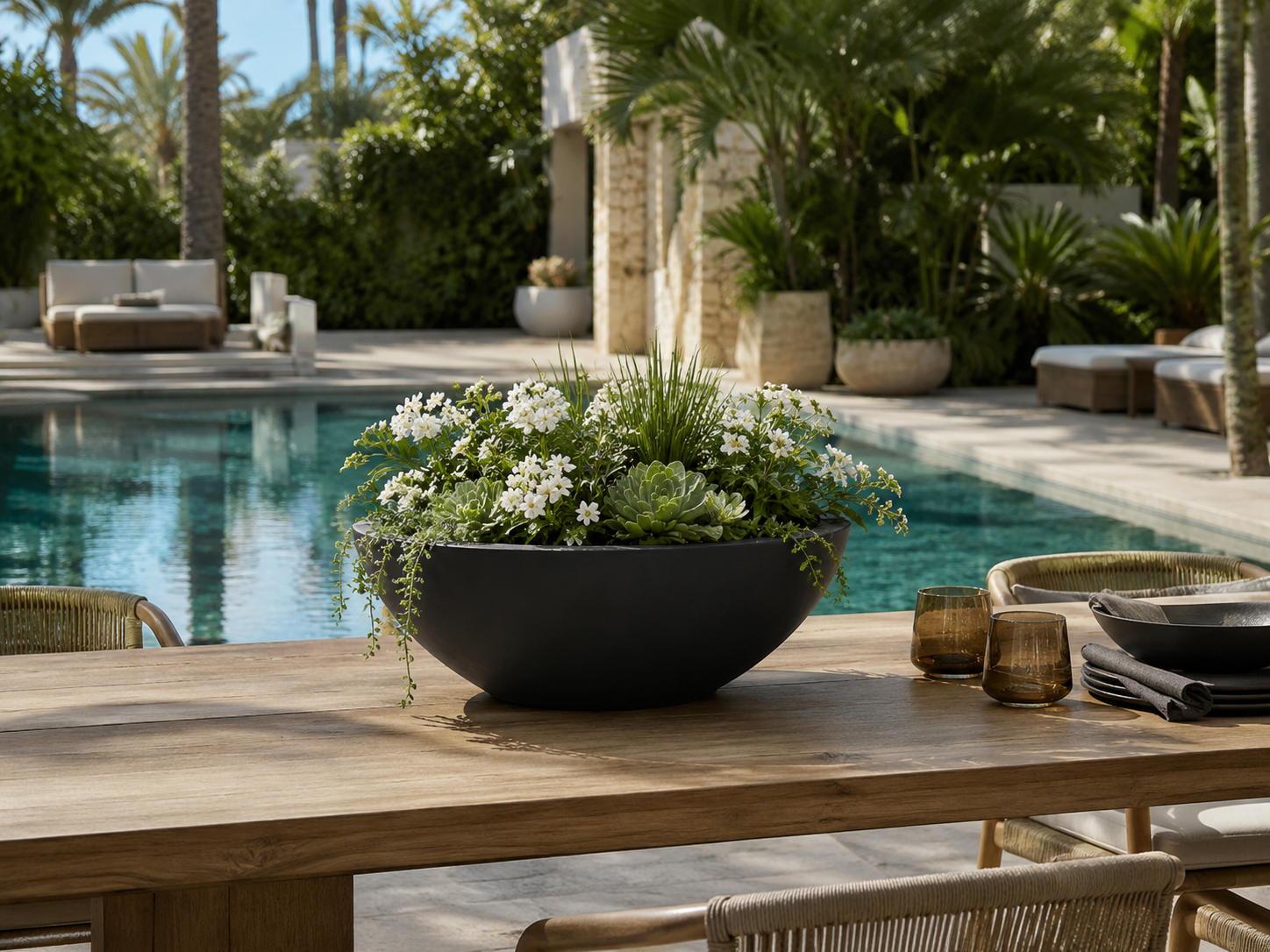Commercial fiberclay bowl planters for poolside terrace