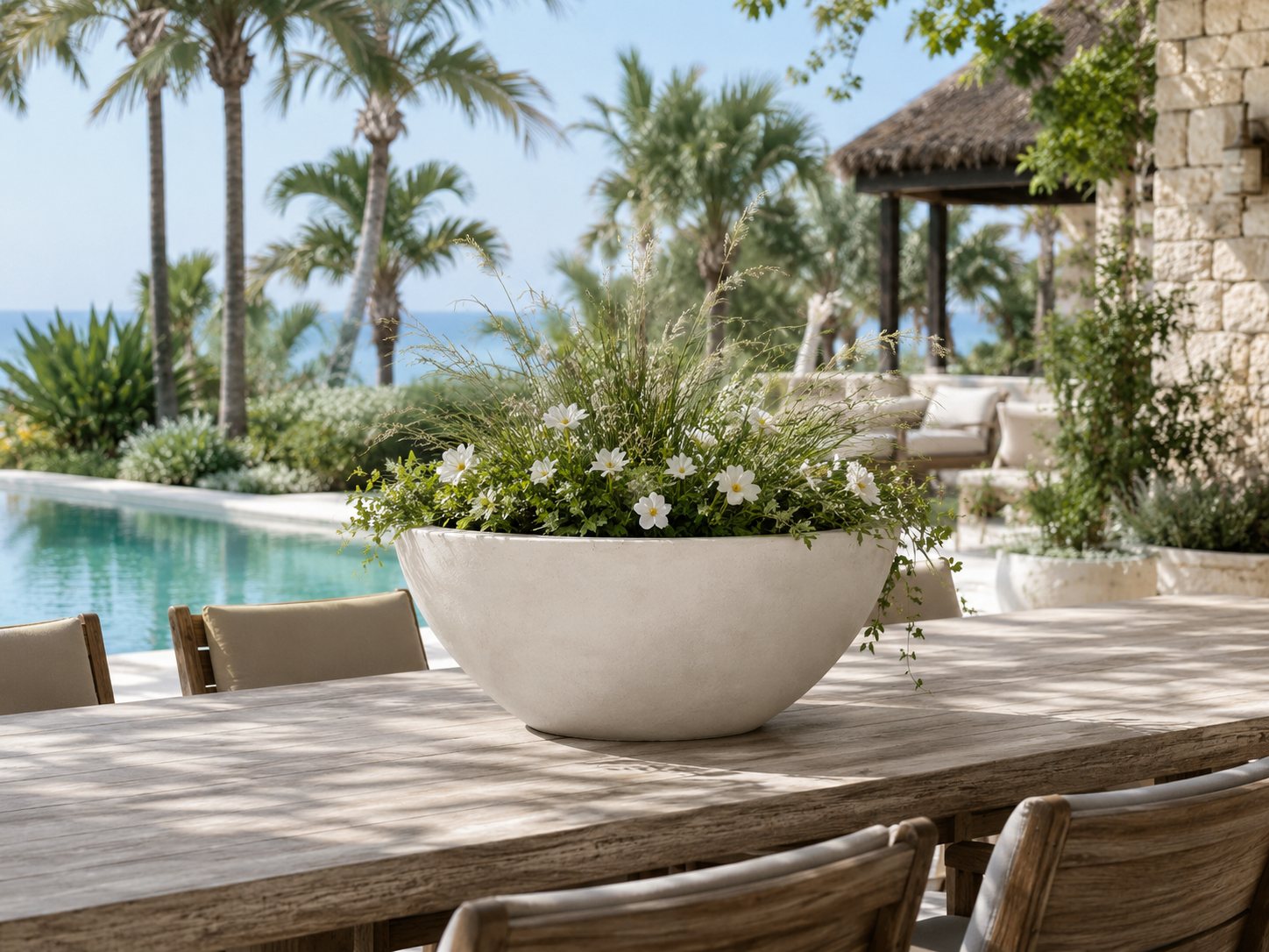 Commercial fiberclay bowl planters for poolside terrace