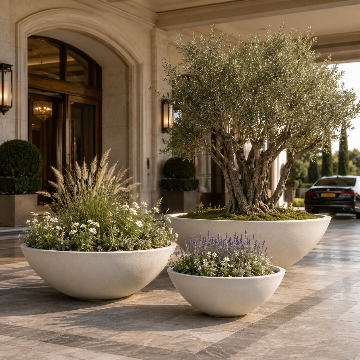 Black large bowl fiber clay planter pots for hotel entrance