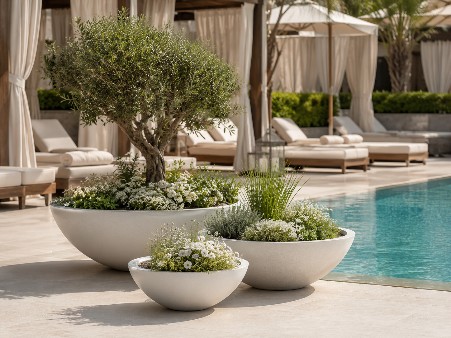 Black fibre clay bowl pots for poolside terrace