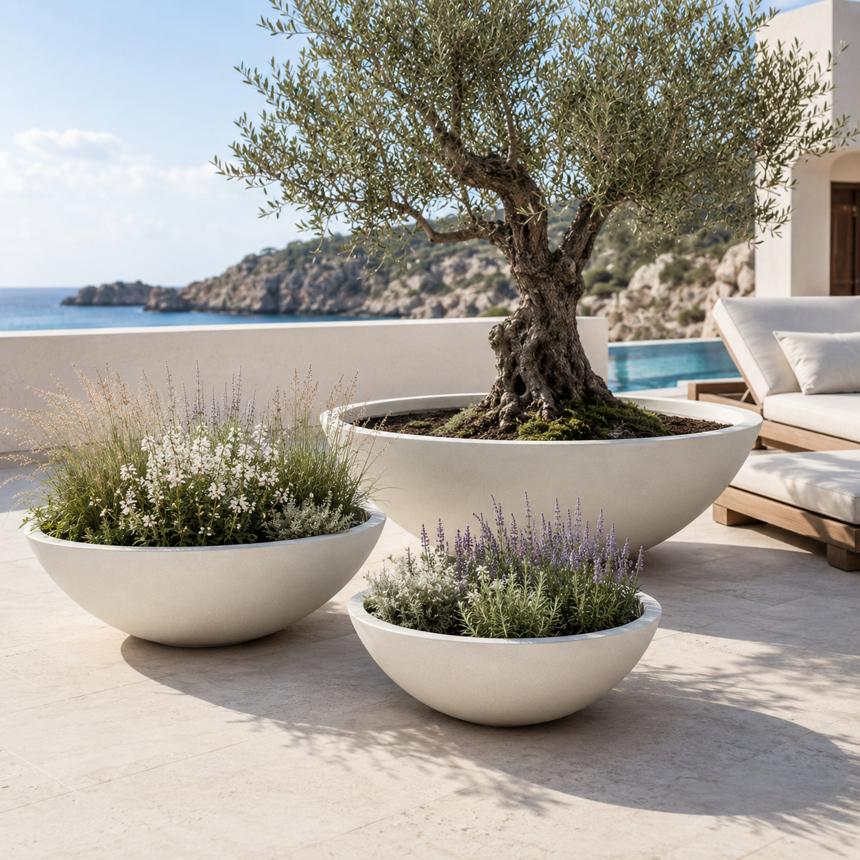 Large black fibre clay planters for rooftop landscape