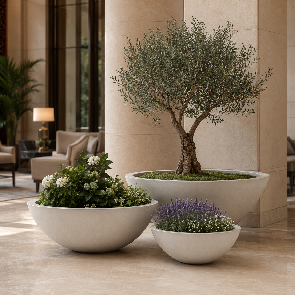 Black fiber clay planter bowls for commercial outdoor landscape