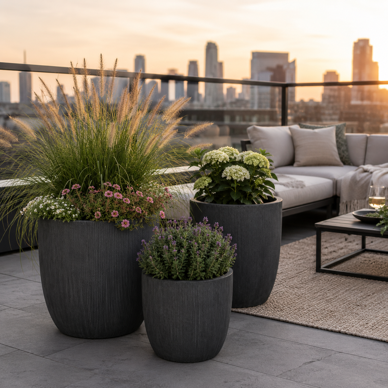 Vertical ribbed fiber clay planter pot set for cafe landscaping