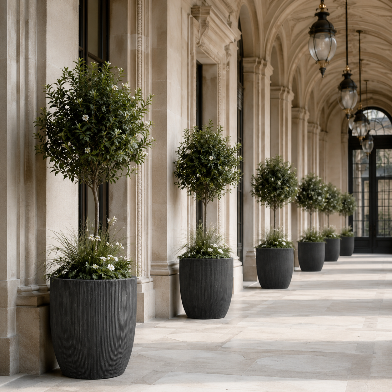 Vertical ribbed fiber clay planter pots for staircase display