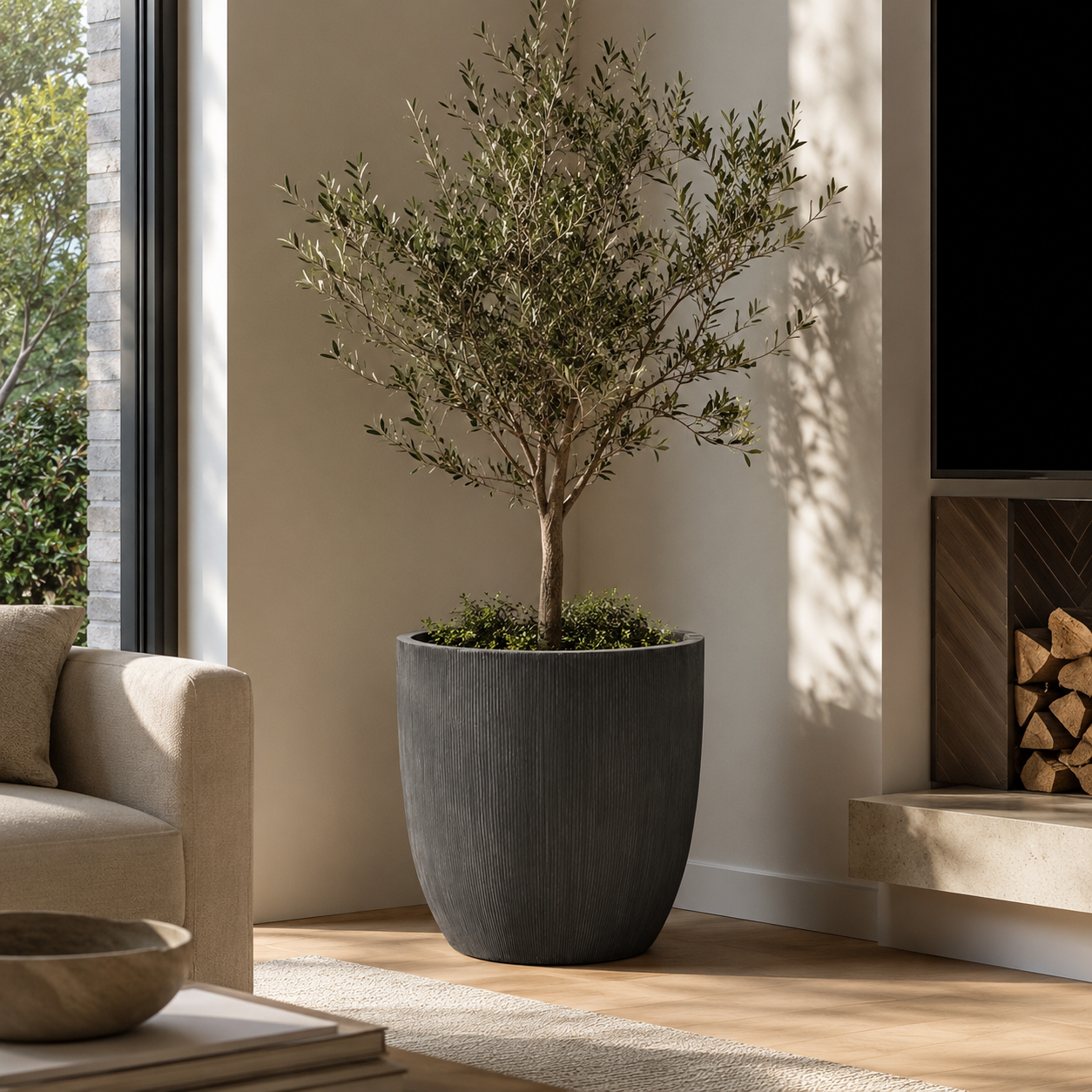 Vertical ribbed fiber clay planter pot for indoor olive tree display