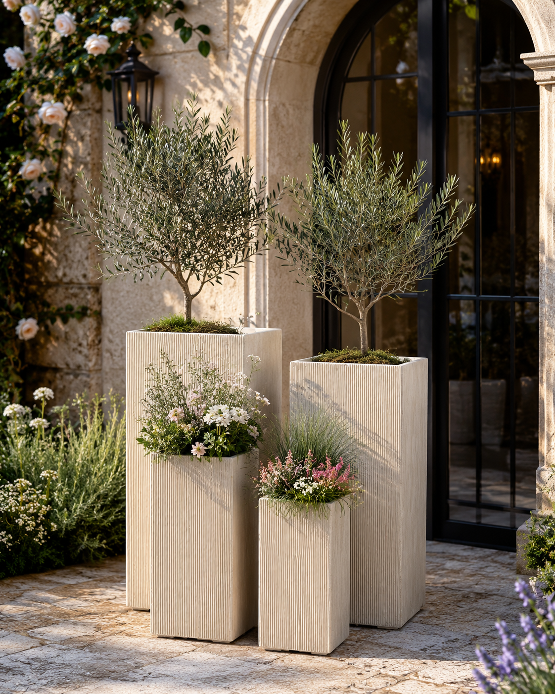 Line Desert tall square fiber clay planter pots for building entrance