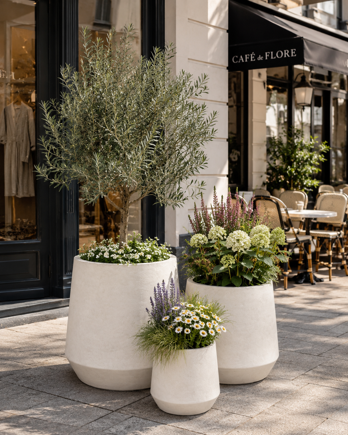 Matte black round fiber clay planter pots for cafe and restaurant front