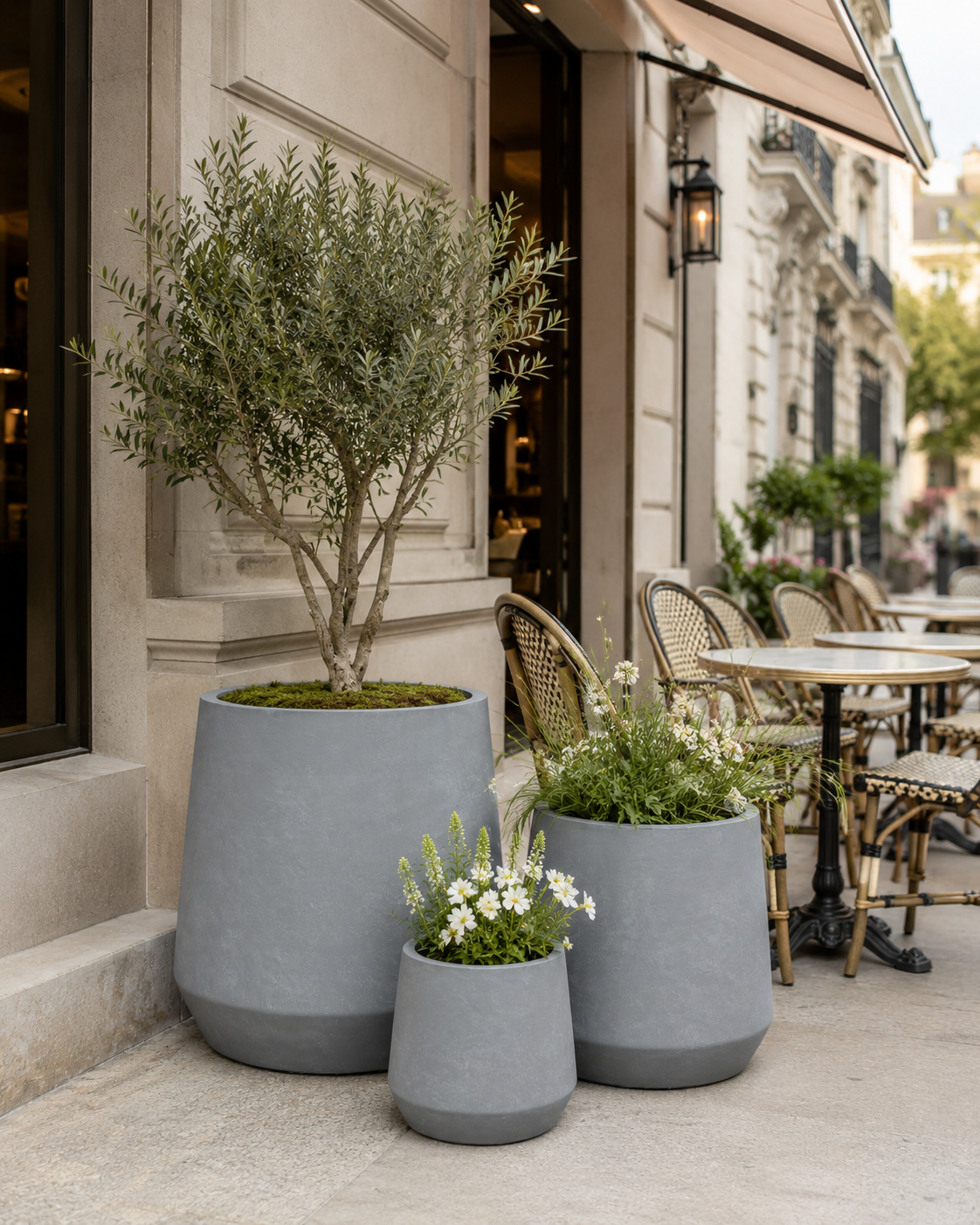 Matte black round fiber clay planter pots for cafe and restaurant front