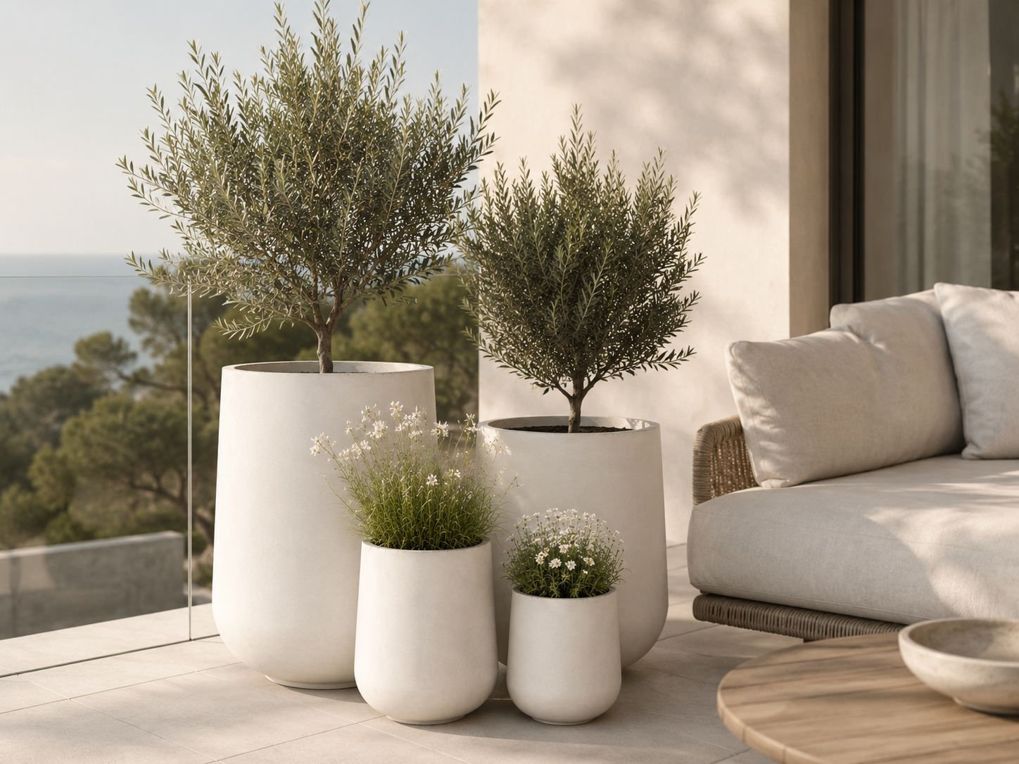 Matte black round fibre clay planter pots for balcony garden