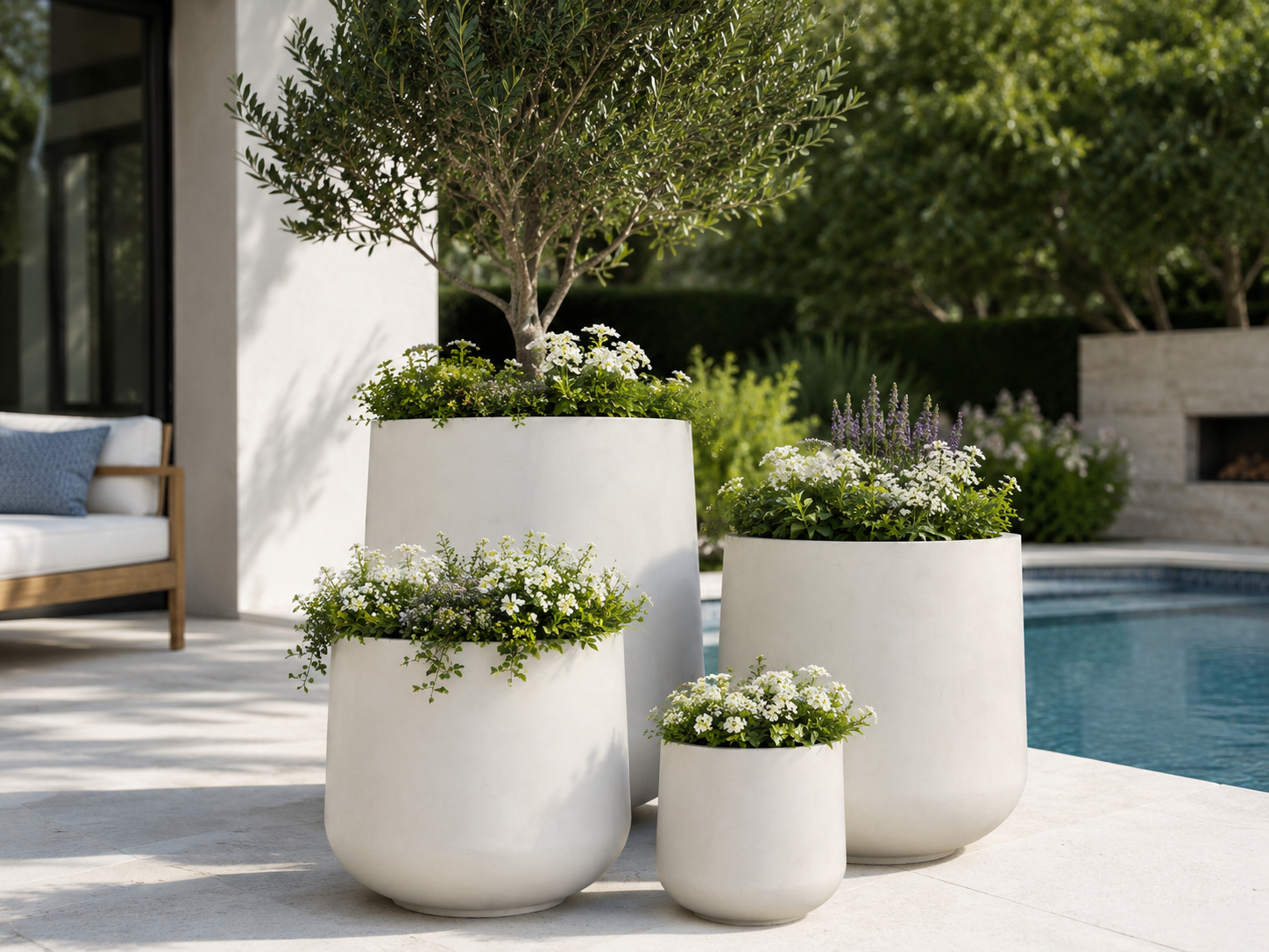 Matte black fibre clay planter set for poolside terrace