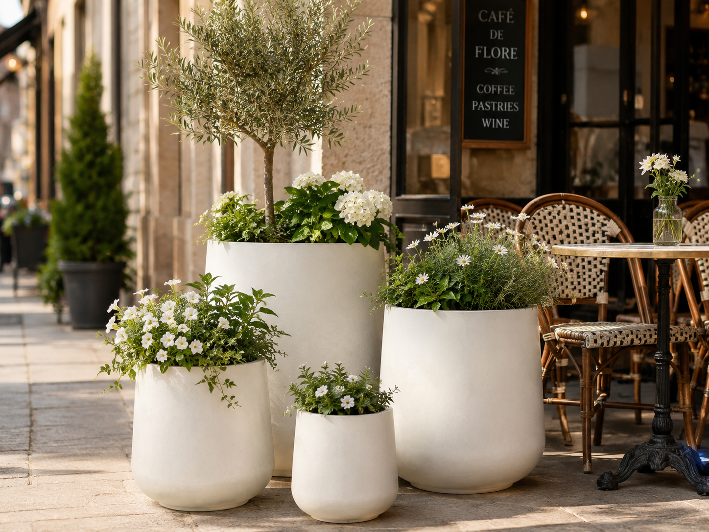 Matte black round fibre clay planter pots for cafe entrance