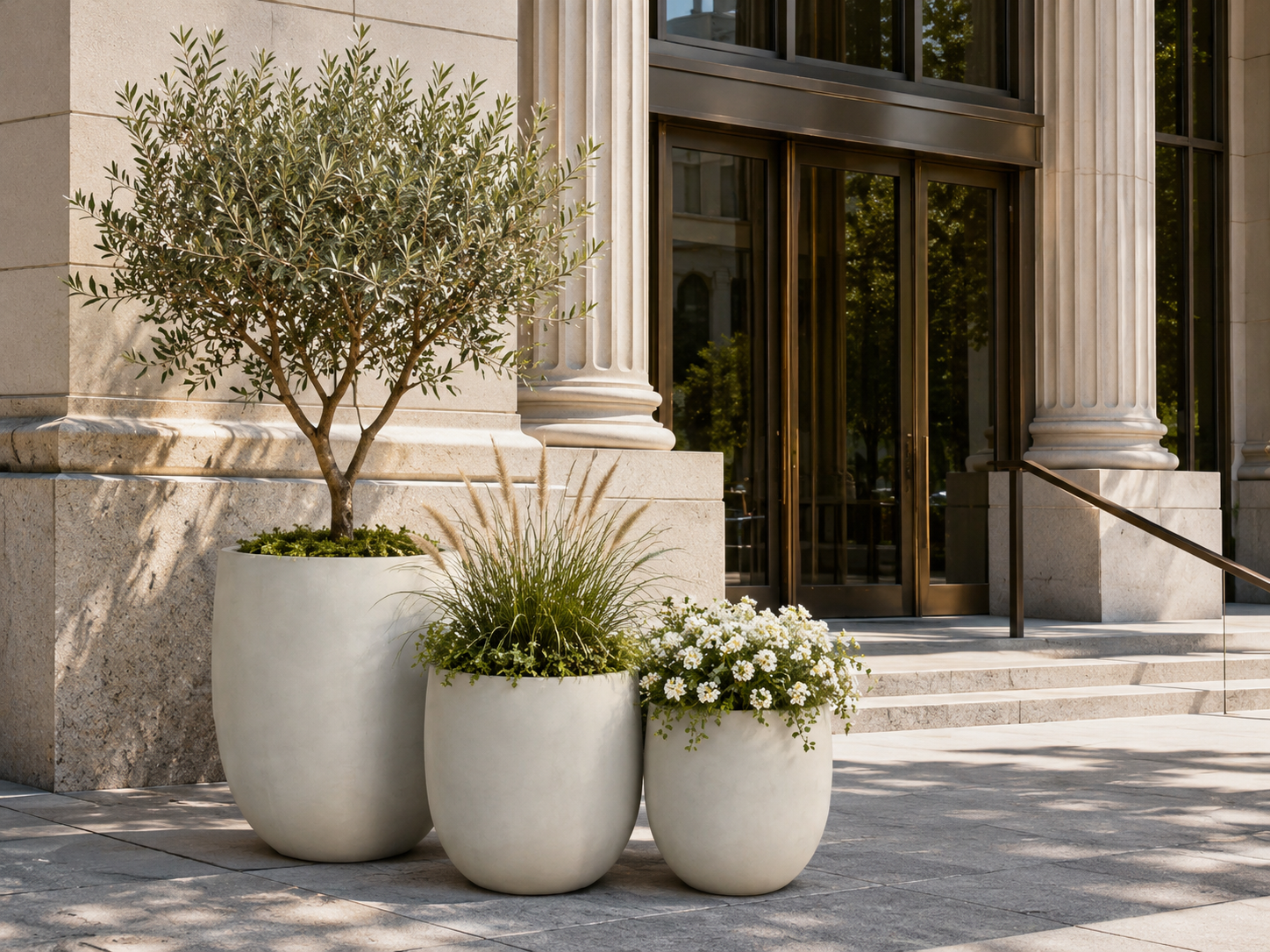 Smooth black round egg fiber clay planter pots for city hall entrance