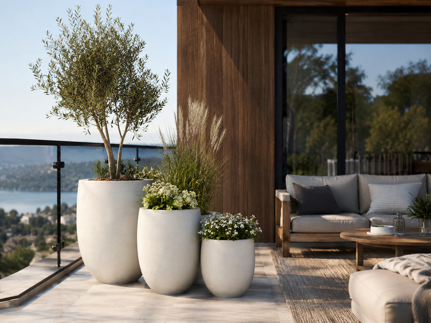Smooth black round planter set for balcony landscape
