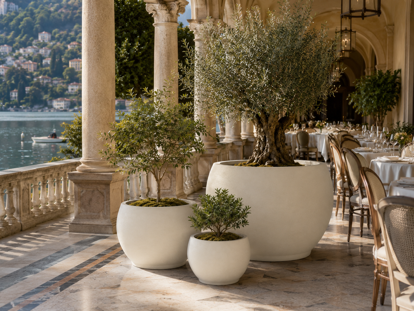 Smooth white round fiberclay planter pot set of three