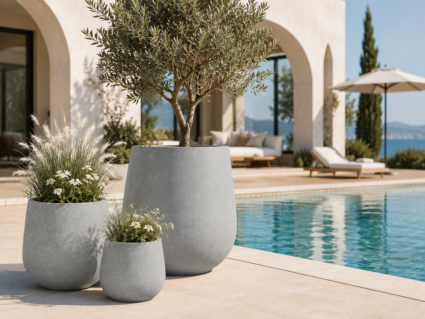 Smooth grey outdoor fibre clay planter pots for pool garden