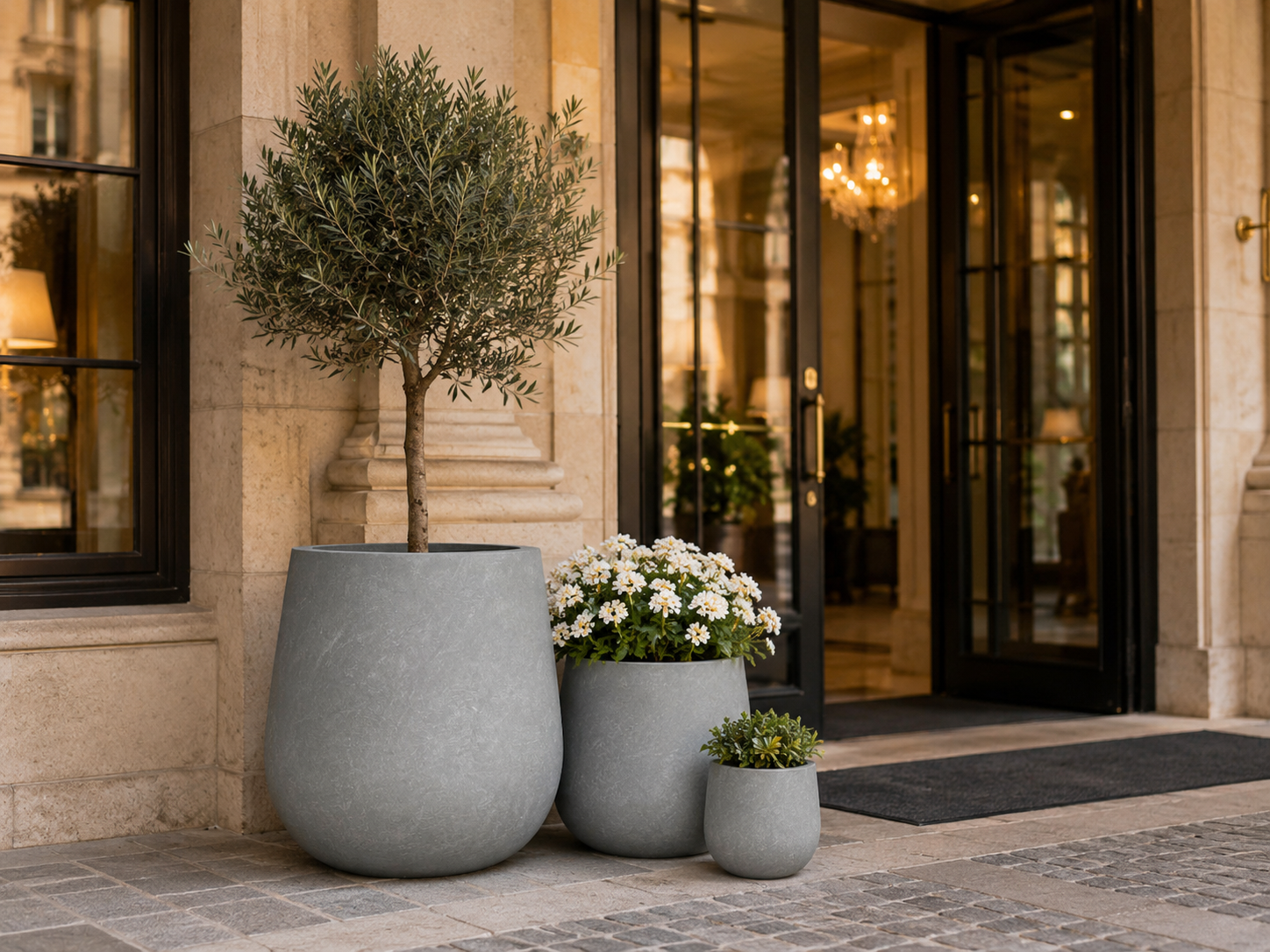 Smooth grey fiberclay pot set for resort entrance
