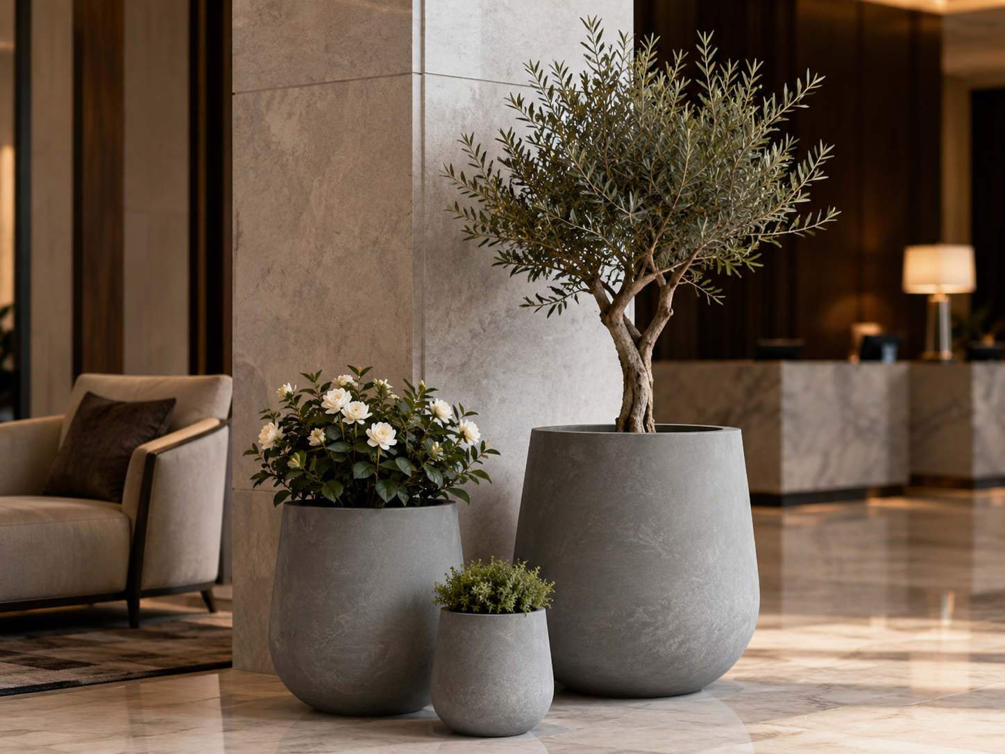 Large grey fibre clay planter pot for hotel entry