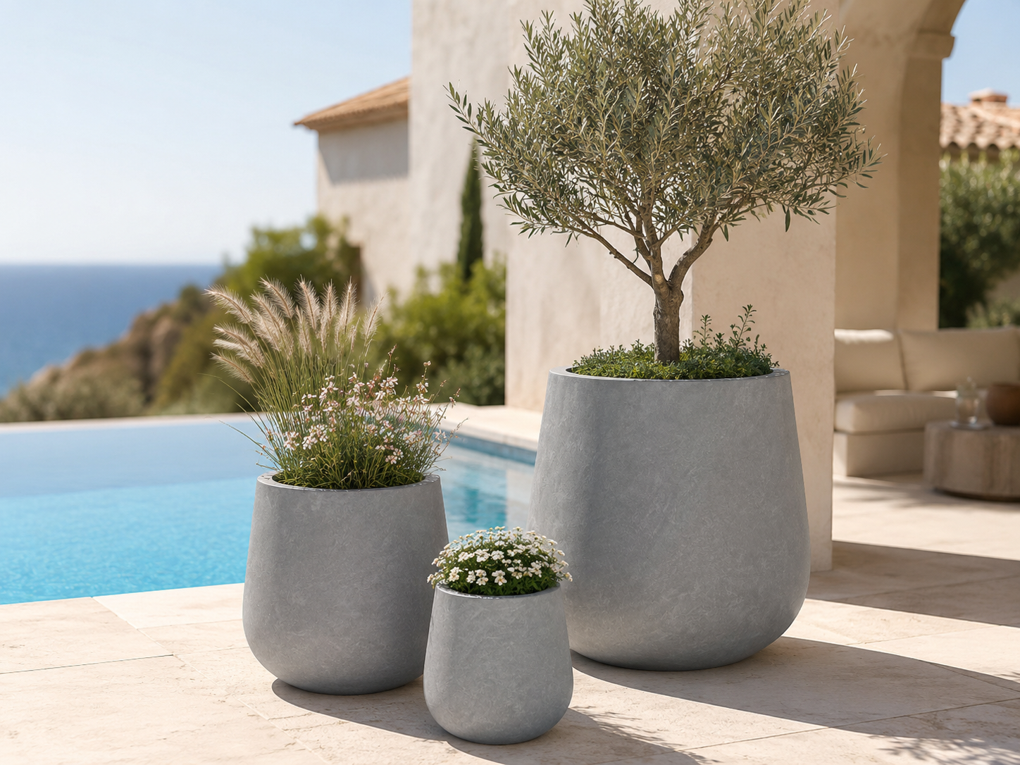 Lightweight grey outdoor fiberclay pot for seaside terrace