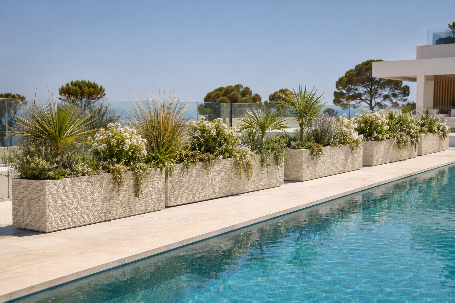 Smooth white large trough fiber clay planter boxes for poolside planting zones