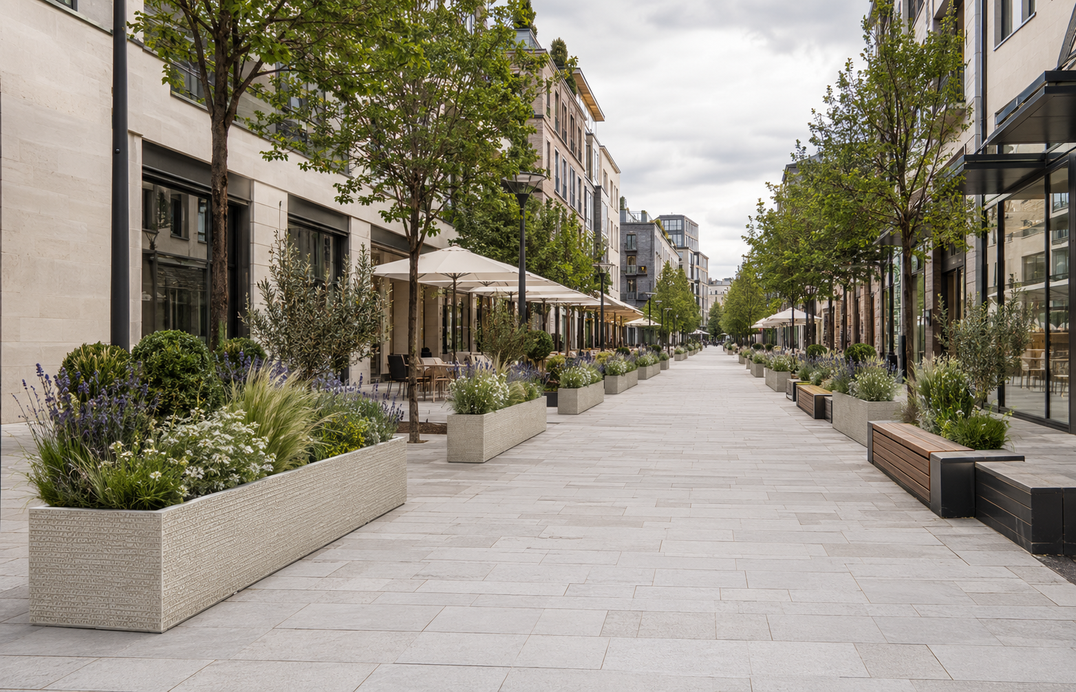 Smooth white rectangular fiber clay planter boxes for commercial interior corridors