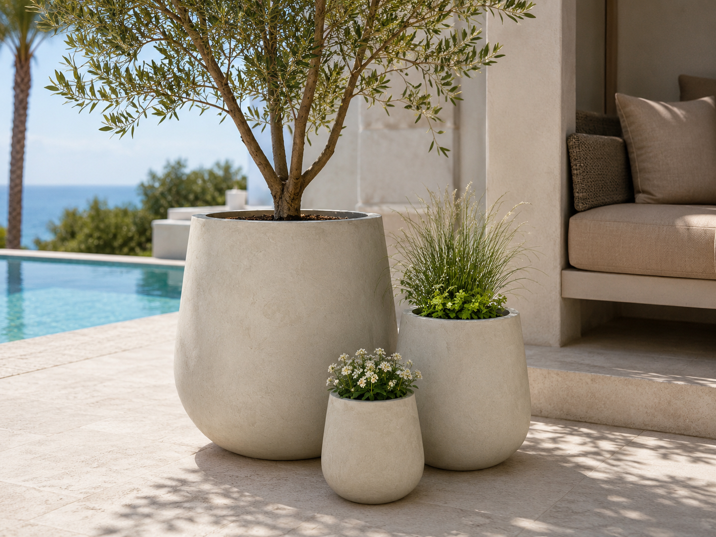 Smooth grey outdoor fibre clay planter pots for pool garden