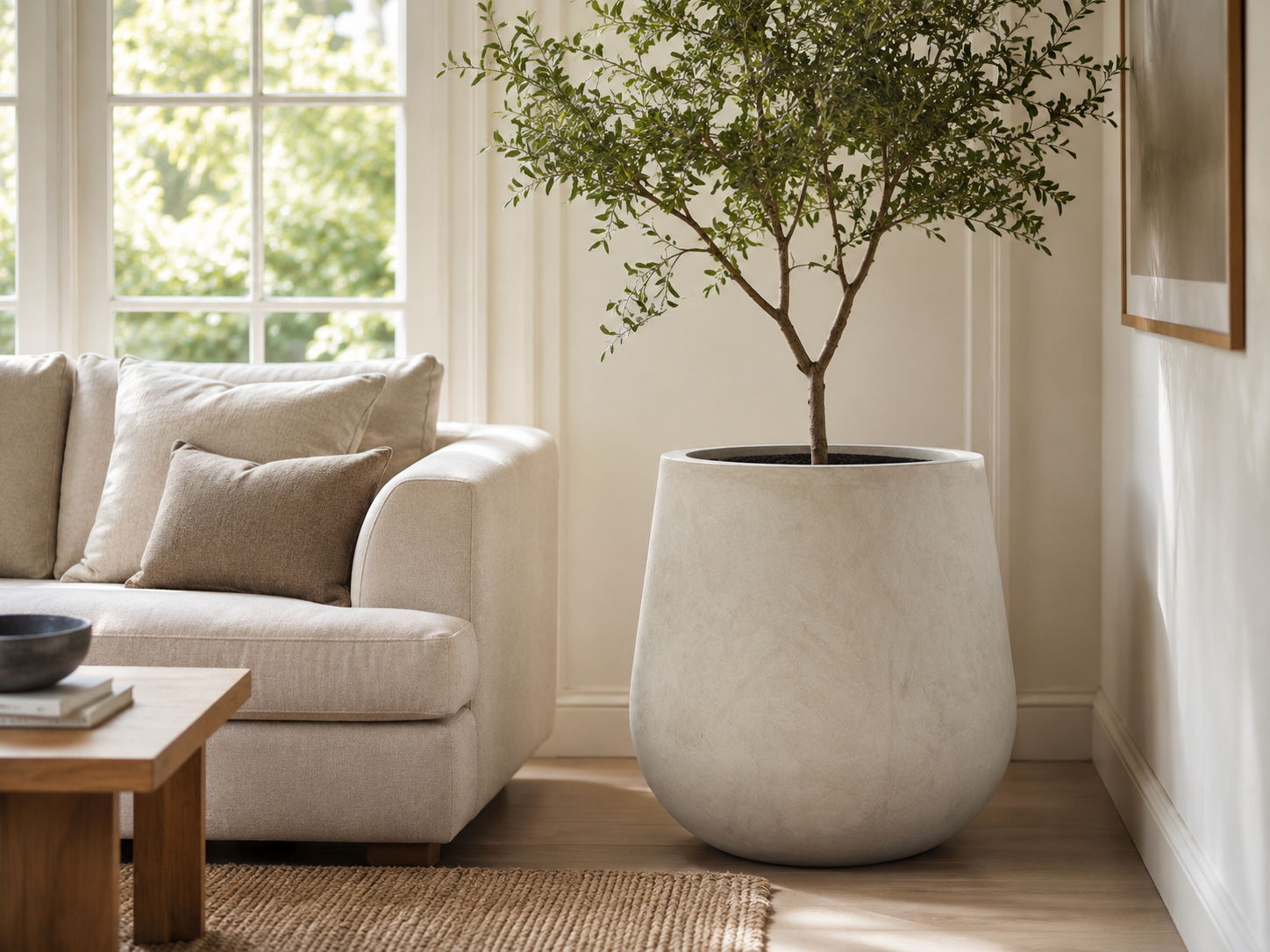 Lightweight grey outdoor fiberclay pot for seaside terrace