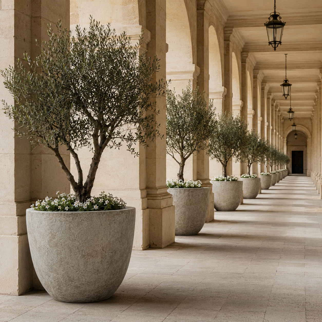 Oversized round fiberclay planters for luxury hotel entrance landscape projects