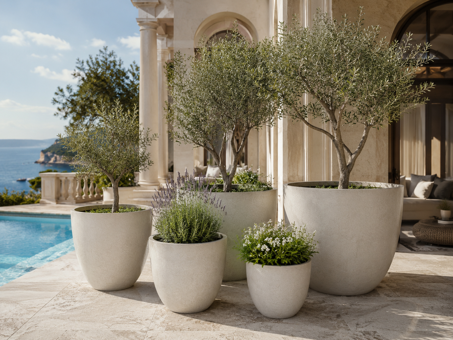 Wholesale large outdoor fibre clay pots set of six for seaside terrace landscaping