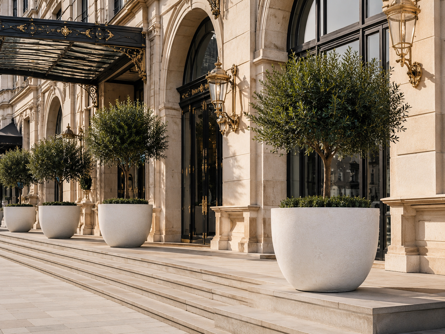 Oversized round fiberclay planters for luxury hotel entrance landscape projects