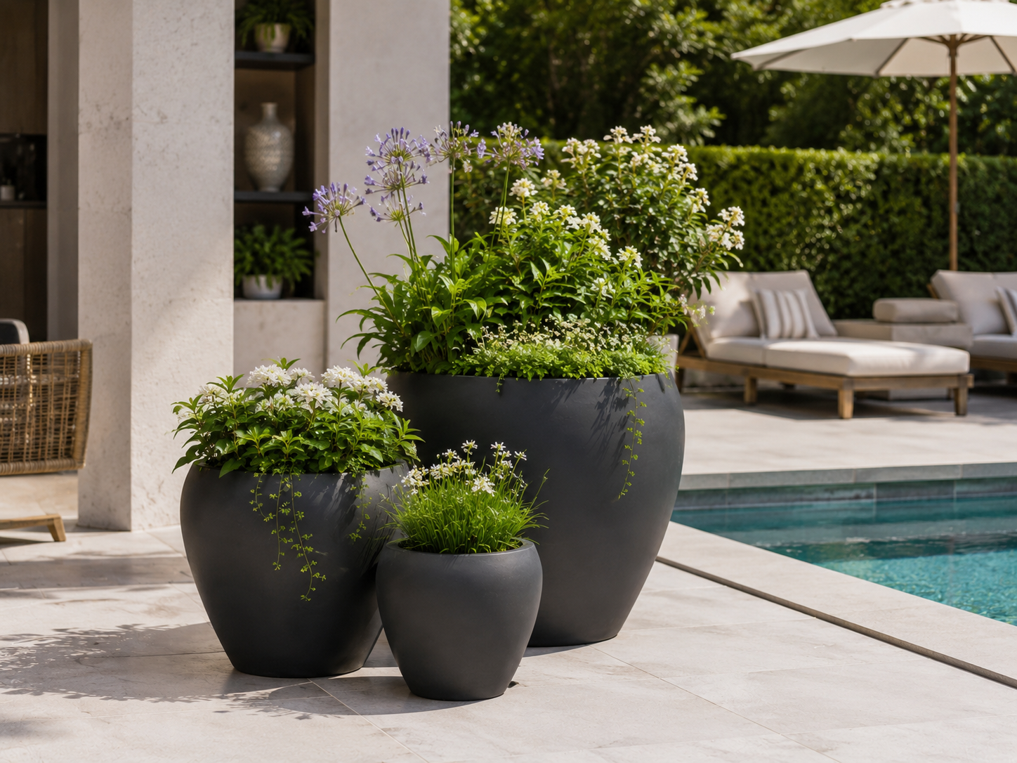 Round Egg Fiber Clay Planter Pots, Set of 3, Smooth Matte Black Finish, Lightweight Outdoor Planters for Hotel Entrance, Patio and Garden outdoor application view 1