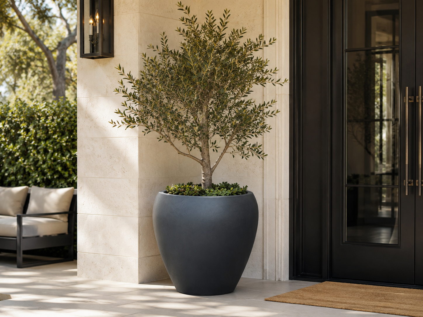 Round Egg Fiber Clay Planter Pots, Set of 3, Smooth Matte Black Finish, Lightweight Outdoor Planters for Hotel Entrance, Patio and Garden outdoor application view 2