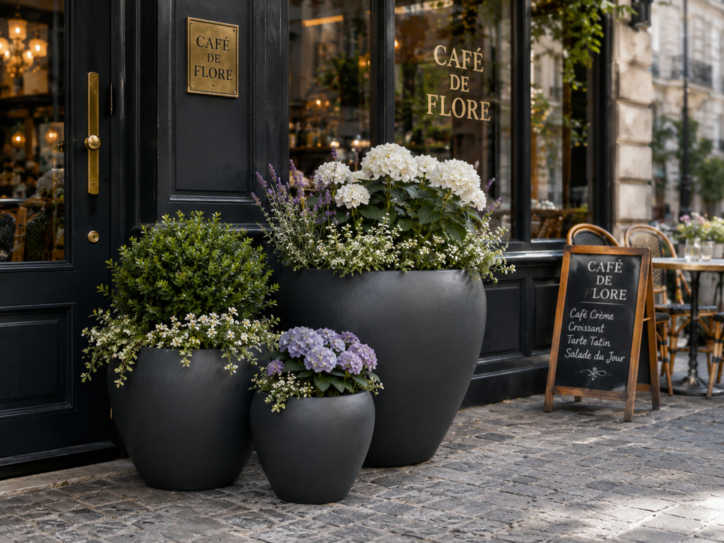Round Egg Fiber Clay Planter Pots, Set of 3, Smooth Matte Black Finish, Lightweight Outdoor Planters for Hotel Entrance, Patio and Garden outdoor application view 3