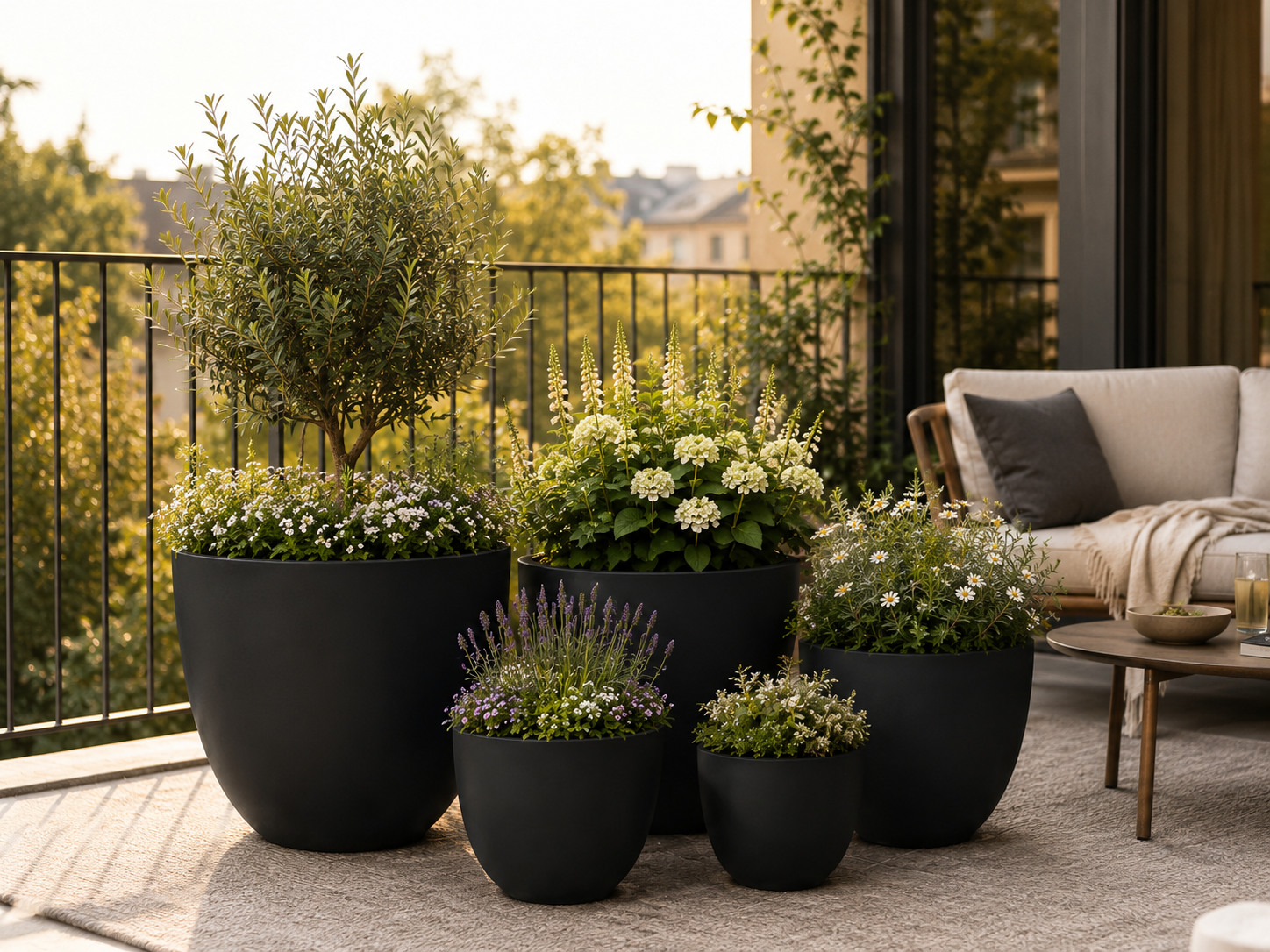 Large Round Fiber Clay Planter Pots, Set of 5/6, Smooth Matte Black Finish, Lightweight Outdoor Planters for Balcony, Patio and Garden outdoor application view 1