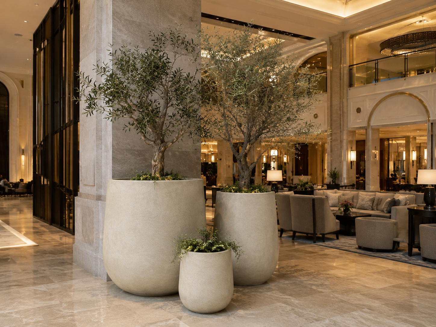 Smooth black outdoor fiberstone planter pots for restaurant corridor