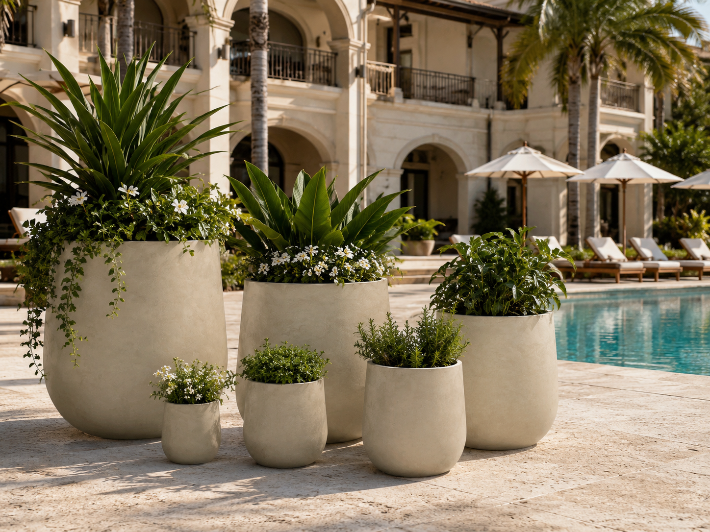 Weather resistant smooth black fiber clay pots for poolside project