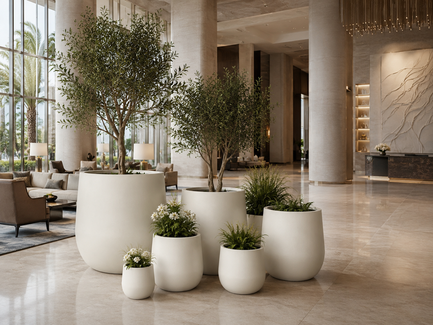 Smooth black outdoor fiberstone planter pots for restaurant corridor
