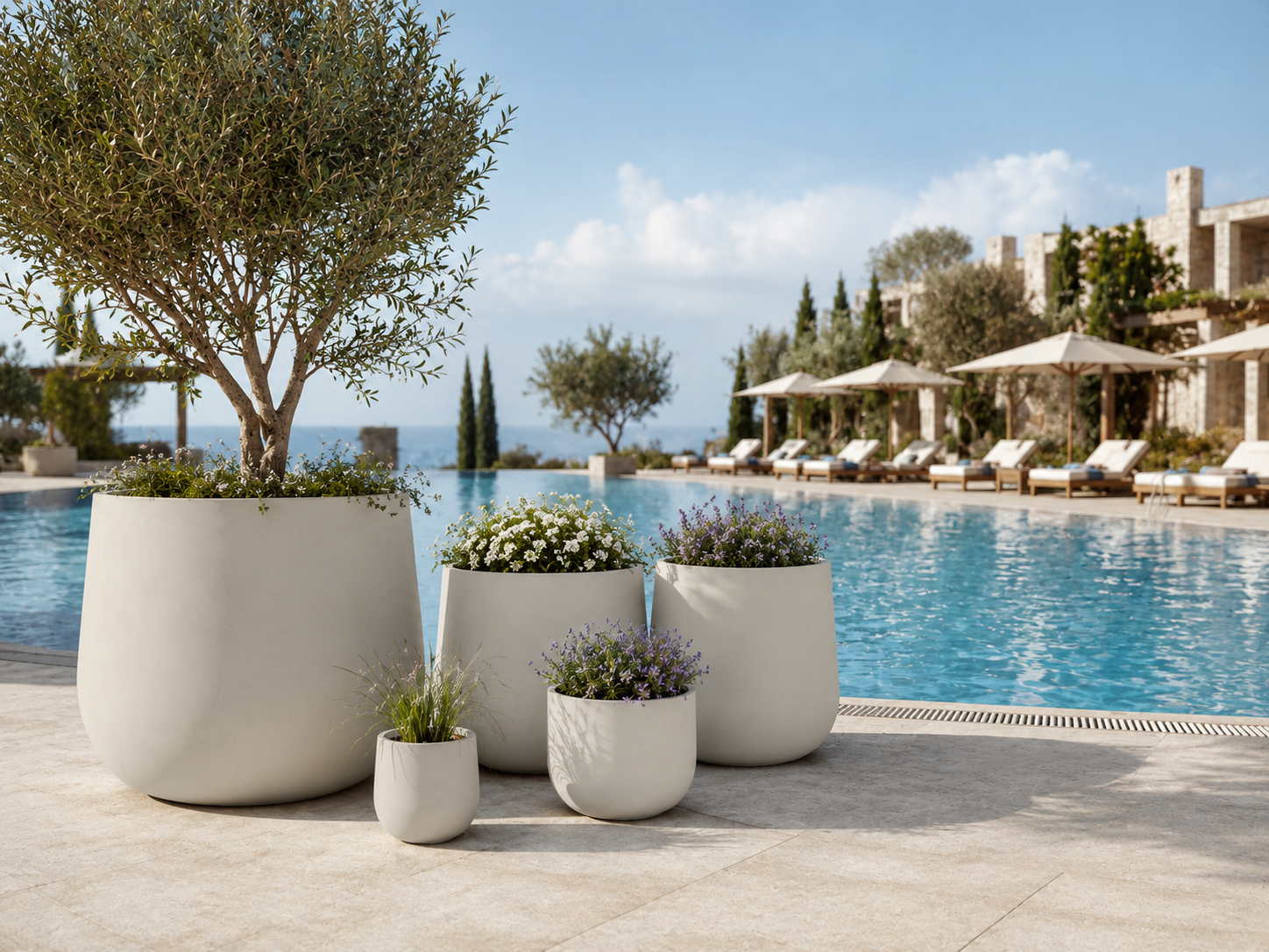 Weather resistant smooth black fiber clay pots for poolside project