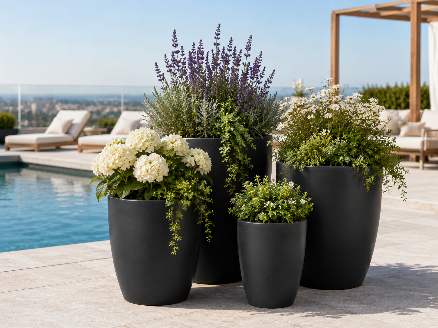 Round Tapered Fiber Clay Planter Pots, Set of 4, Smooth Matte Black Finish, Lightweight Outdoor Planters for Balcony, Patio and Garden outdoor application view 1