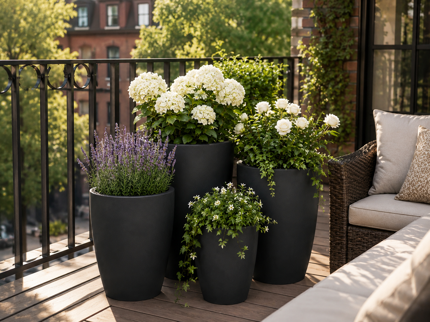 Round Tapered Fiber Clay Planter Pots, Set of 4, Smooth Matte Black Finish, Lightweight Outdoor Planters for Balcony, Patio and Garden outdoor application view 2