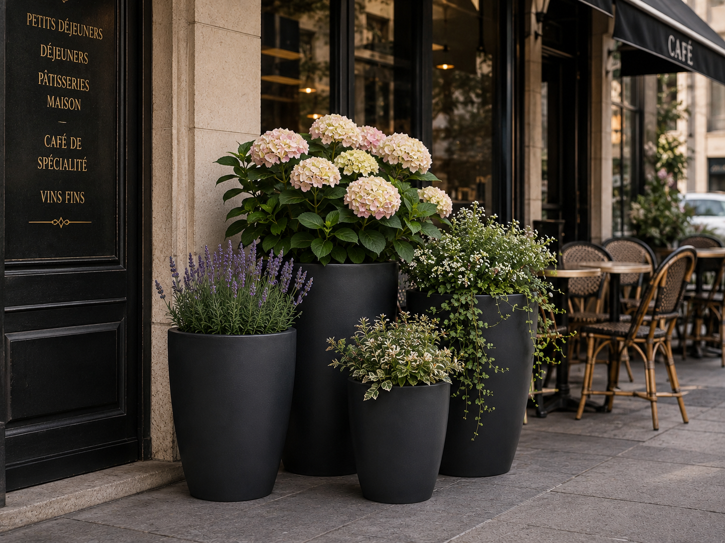 Round Tapered Fiber Clay Planter Pots, Set of 4, Smooth Matte Black Finish, Lightweight Outdoor Planters for Balcony, Patio and Garden outdoor application view 3