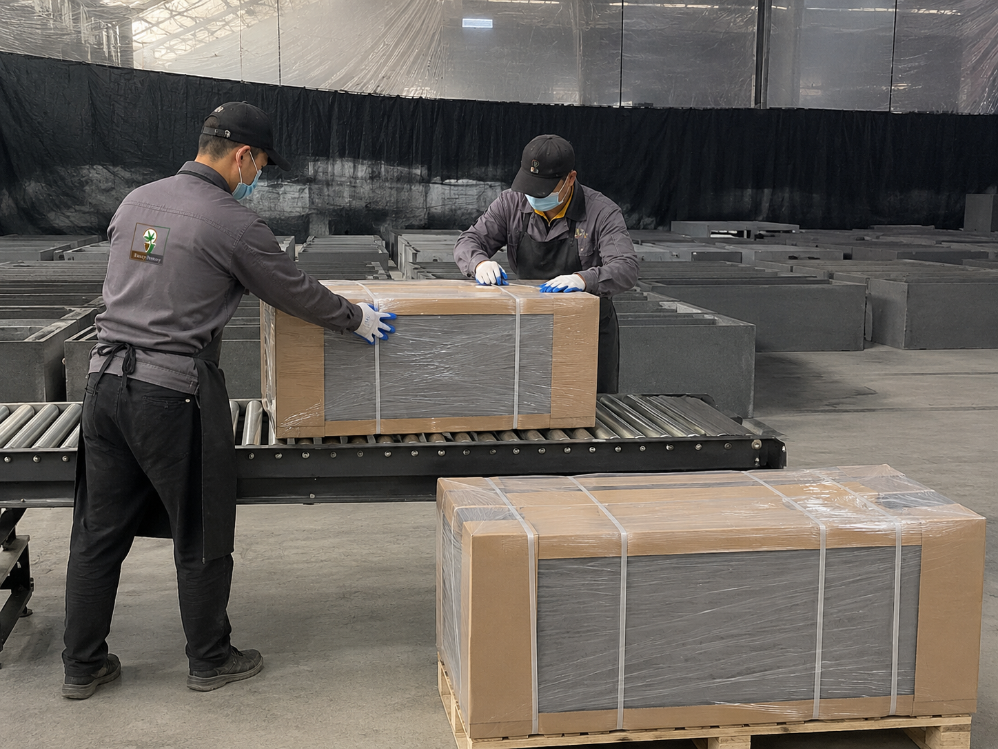 Packed outdoor planters in warehouse storage