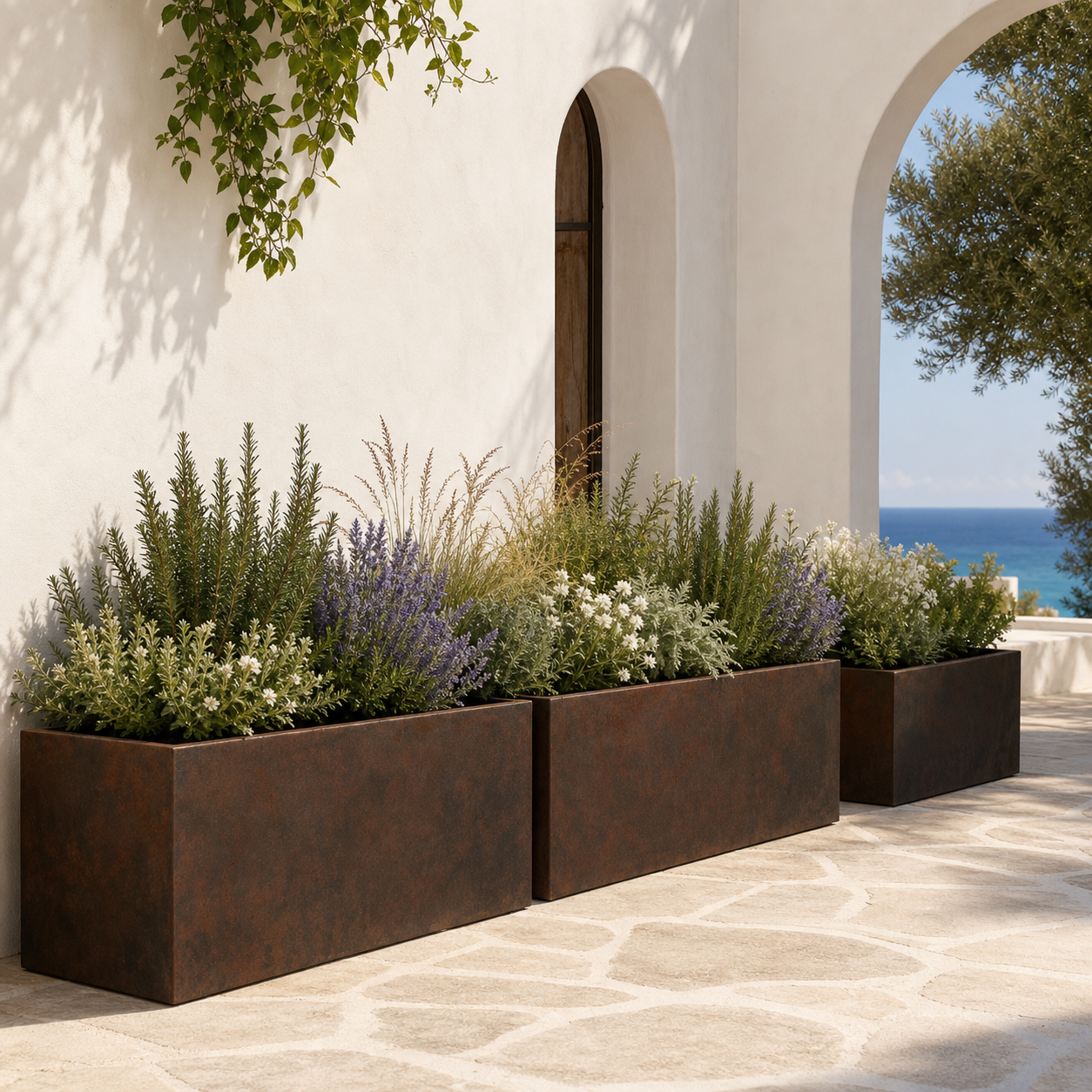 Rectangle Fiber Clay Planter Pots, Set of 3, Lightweight Outdoor Planters for Balcony, Patio and Terrace outdoor application view 1