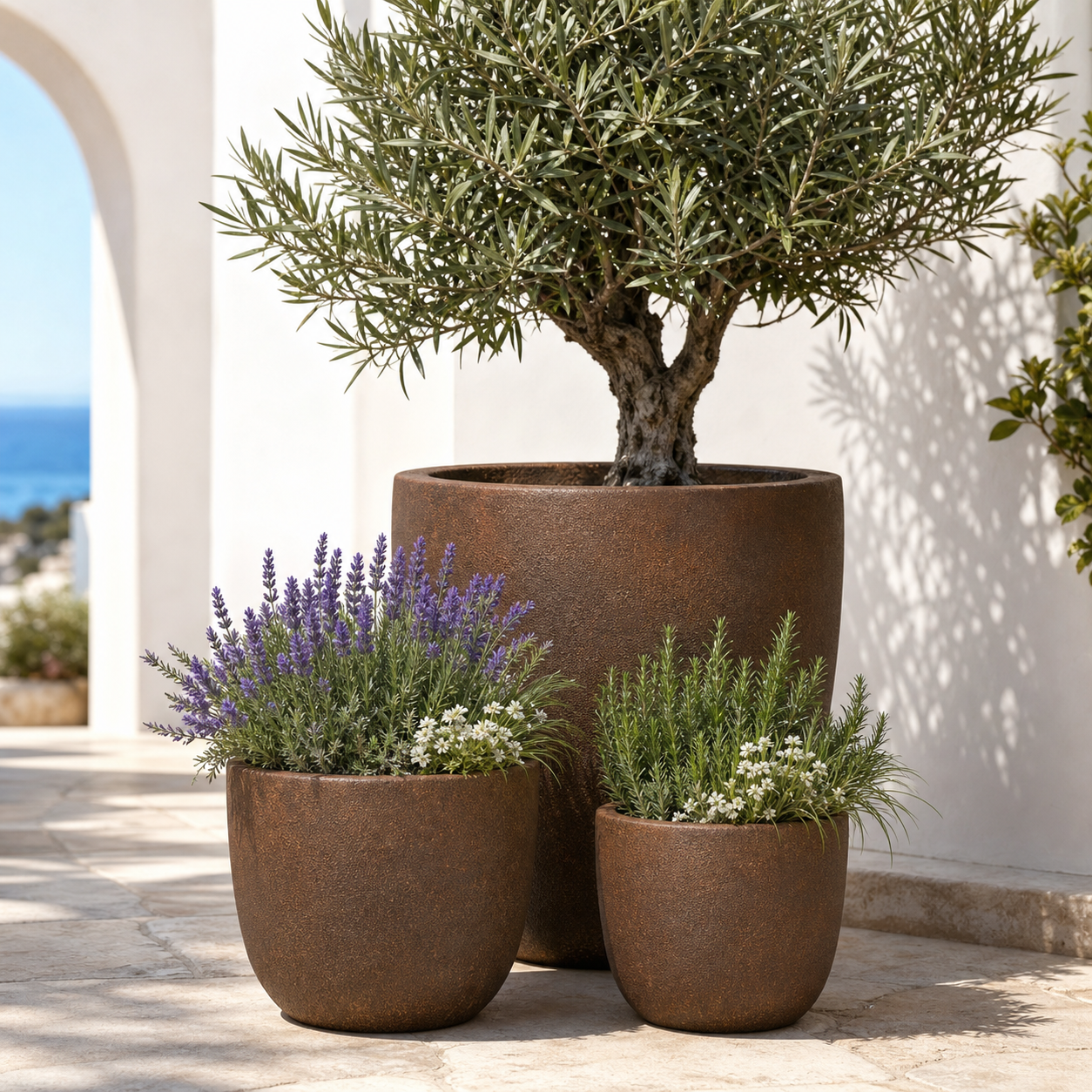 Round Fiber Clay Planter Pots, Set of 5, Matte Black Finish, Lightweight Outdoor Garden Planters for Patio and Landscape Decoration outdoor application view 1